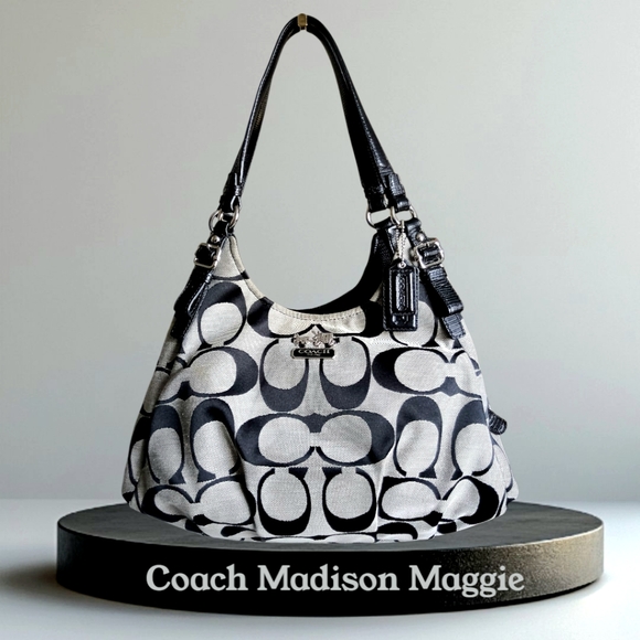 Coach Madison Maggie Black and Grey Signature Jacquard Hobo...